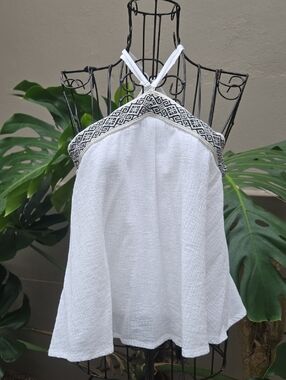 HYFVE Cotton Halter Top Embroidered Trim Flowy White Size L